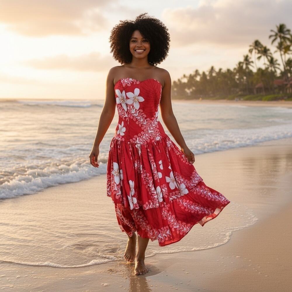 NWT deadstock Strapless Tiered Ruffle midi Dress Made in Hawaii XL Red FLORAL